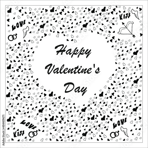 A doodle set with a heart in the middle and a Valentine s Day greeting with holiday symbols around the edges such as a bow  arrows and rings