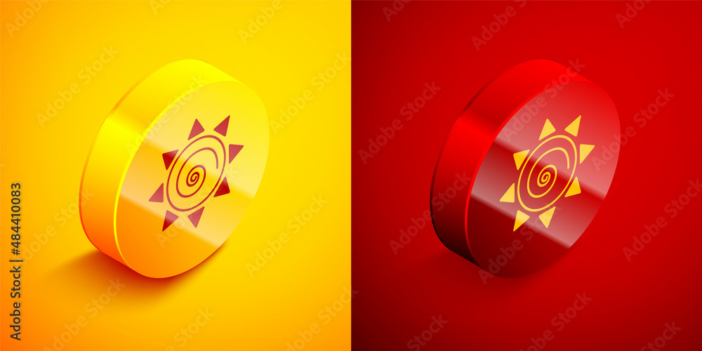 Isometric Sun icon isolated on orange and red background. Circle button. Vector Isometric Sun icon isolated on orange and red background. Circle button. Vector