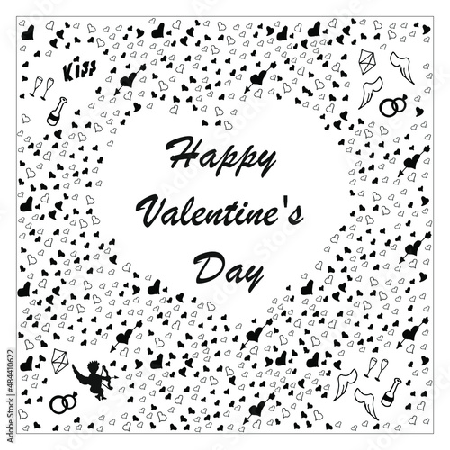 A doodle set for Valentine's Day with a heart in the center, as well as with holiday symbols around the edges, such as wings, glasses, angels and rings