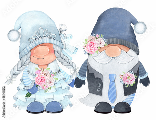 A couple of bride and groom on a white background. Wedding gnomes girl and boy. Watercolor illustration. photo
