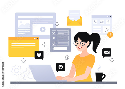 Content manager at work vector illustration. Female multitasking skill concept. Young girl managing SMM strategy processes. Freelance worker busy with social media marketing