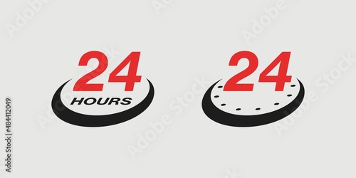 Color illustration of a clock, numbers on the background. Design element for poster, emblem, banner, badge. Vector illustration. Round the clock service.