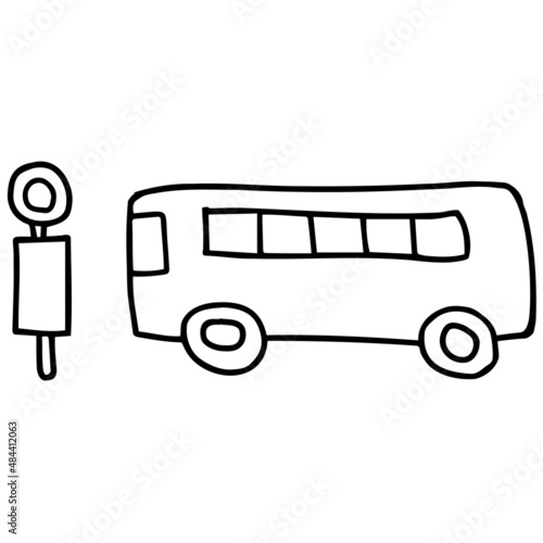 バスとバス停の線画イラスト