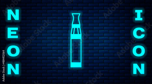 Glowing neon Electronic cigarette icon isolated on brick wall background. Vape smoking tool. Vaporizer Device. Vector