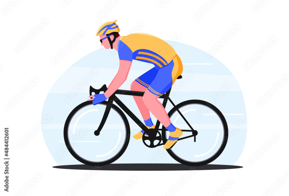 Fototapeta premium Сyclist. Man on a bicycle in a helmet. Side view. Character in action. Vector illustration hand drawn flat style.