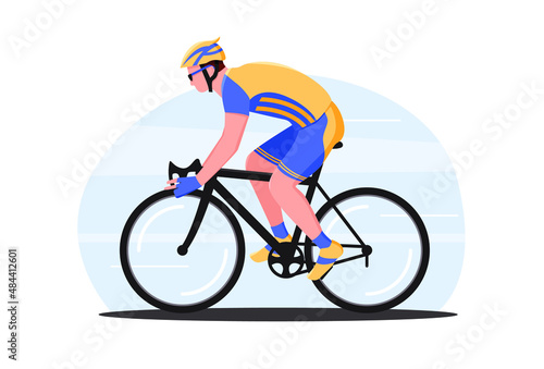 Сyclist. Man on a bicycle in a helmet. Side view. Character in action. Vector illustration hand drawn flat style.