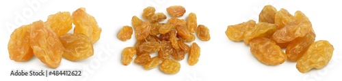 Yellow raisin isolated on white background with clipping path. Top view. Flat lay. Set or collection