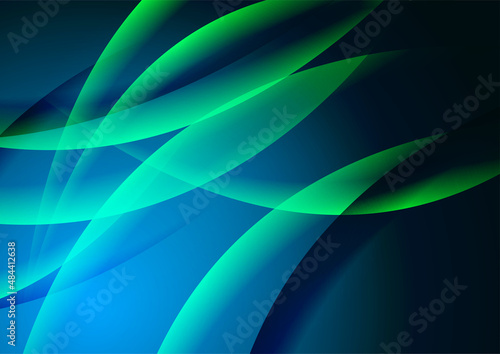 Green and blue glowing shiny waves abstract elegant background. Vector design