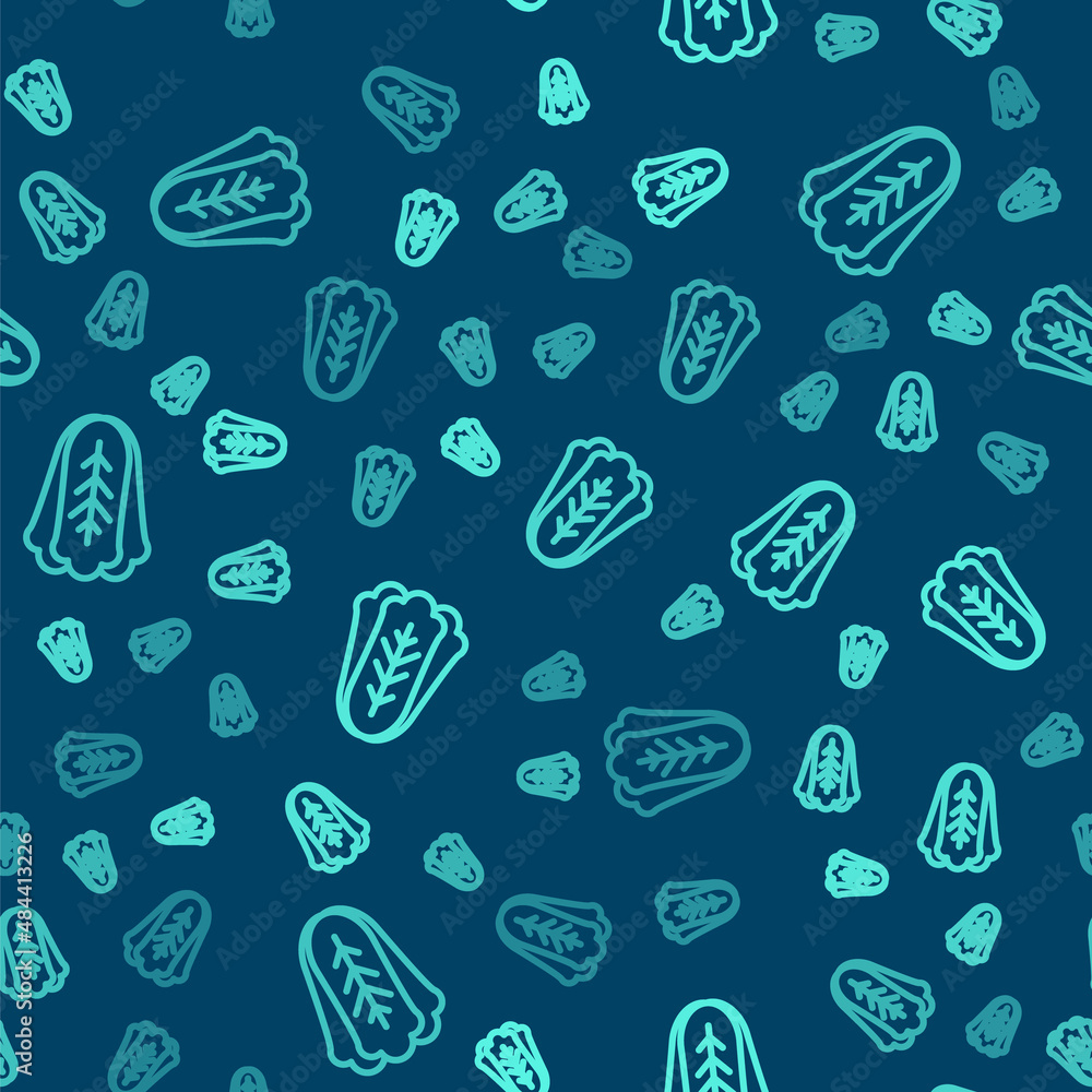 Green line Fresh cabbage vegetable icon isolated seamless pattern on blue background. Vector Green line Fresh cabbage vegetable icon isolated seamless pattern on blue background. Vector