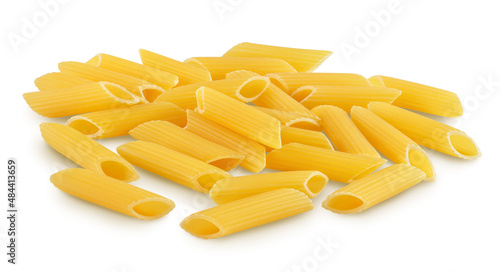 Raw italian penne rigate pasta isolated on white background with clipping path and full depth of field