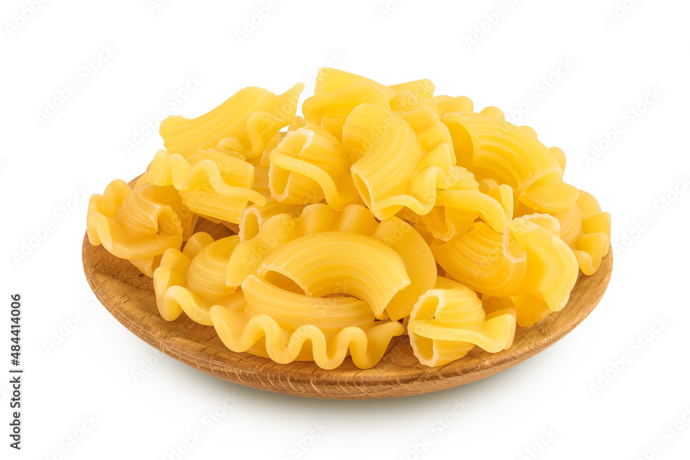 Pasta cornetti creste macaroni in wooden bowl isolated on white background with clipping path and full depth of field Pasta cornetti creste macaroni in wooden bowl isolated on white background with clipping path and full depth of field