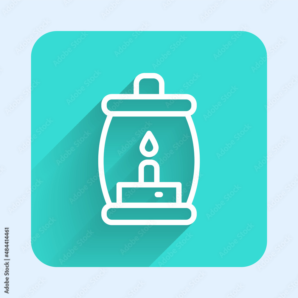 White line Camping lantern icon isolated with long shadow. Happy Halloween party. Green square button. Vector White line Camping lantern icon isolated with long shadow. Happy Halloween party. Green square button. Vector
