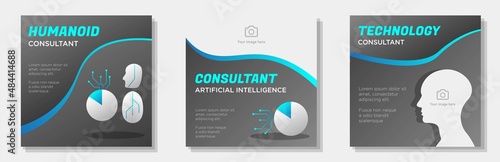 Humanoid consultant social media post, banner set, artificial intelligence robot advertisement concept, modern technology chatbot marketing square ad, abstract print, isolated on background