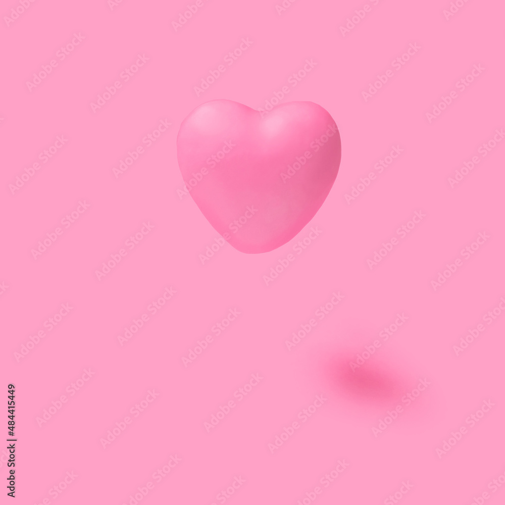 A flying soft pink heart on light pink background with sunny shadow.
