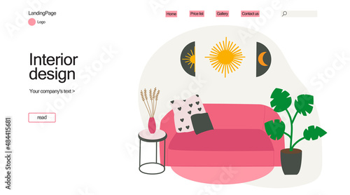 The landing page of interior design. Vector design of the living room. Hand-painted furniture. Illustration of a modern fashionable furniture interior of a room