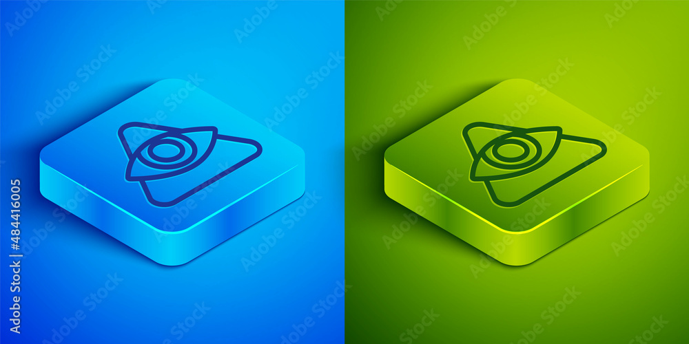 Isometric line Masons symbol All-seeing eye of God icon isolated on blue and green background. The eye of Providence in the triangle. Square button. Vector Isometric line Masons symbol All-seeing eye of God icon isolated on blue and green background. The eye of Providence in the triangle. Square button. Vector