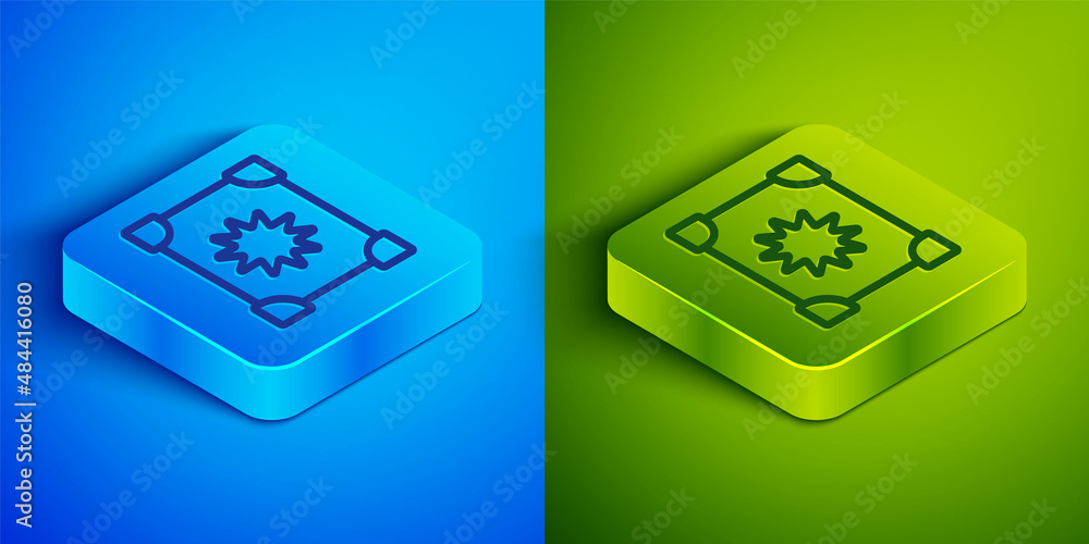 Isometric line Ancient magic book with alchemy recipes and mystic spells and enchantments icon isolated on blue and green background. Square button. Vector Isometric line Ancient magic book with alchemy recipes and mystic spells and enchantments icon isolated on blue and green background. Square button. Vector