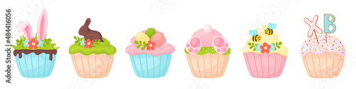 cute Easter cupcakes of pastel colors in cartoon style
