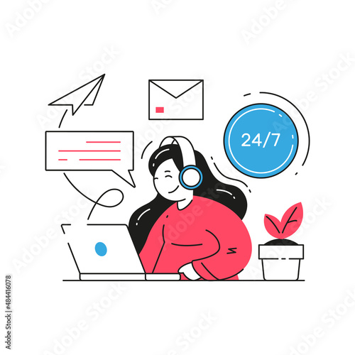 Woman headset customer support service staff working use laptop consulting remotely 24 7 vector flat illustration. Female worker of call center, helpline, hotline, operator assistance talking clients