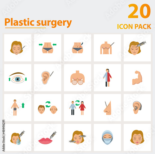 Plastic Surgery icon set. Collection of simple elements such as the face lift, liposuction, scar removal, breast implant, transgender, penis enlargement, breast augmentation. photo