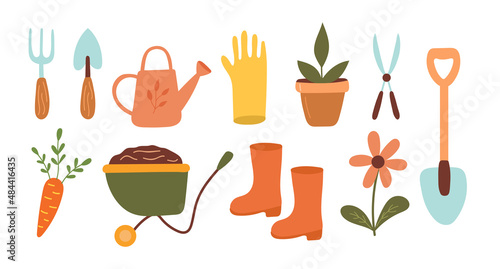 Hand-drawn gardening kit. Working tools for the garden. Vector illustration 