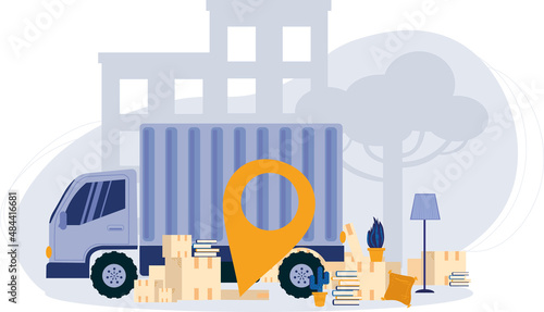 Relocation to New Apartment. Packing of all things and transportation of things by truck. Boxes, vases, books, furniture, pillows. Isolated flat vector illustration