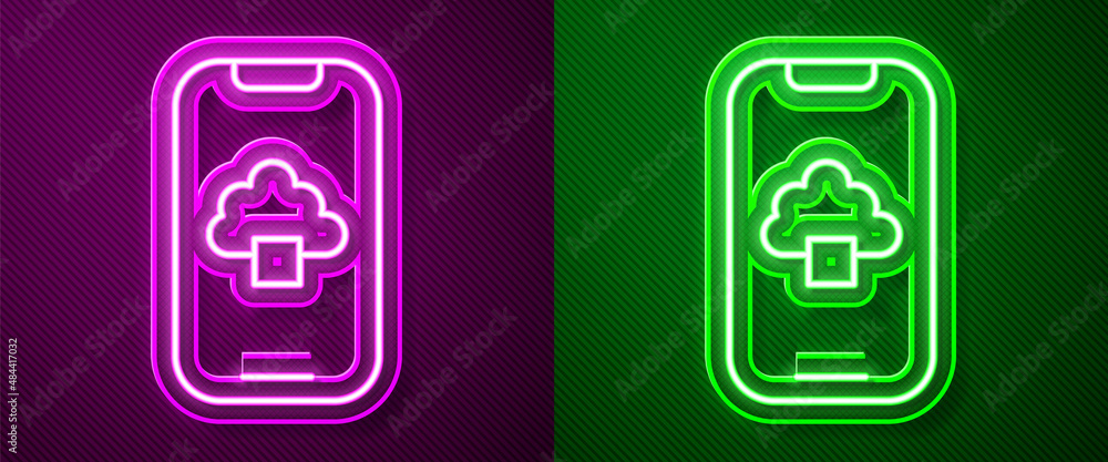 Glowing neon line Cloud technology data transfer and storage icon isolated on purple and green background. Vector Glowing neon line Cloud technology data transfer and storage icon isolated on purple and green background. Vector