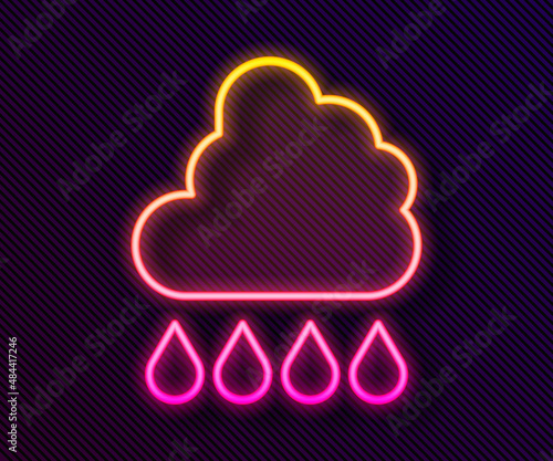 Glowing neon line Cloud with rain icon isolated on black background. Rain cloud precipitation with rain drops. Vector