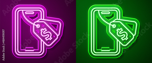 Glowing neon line Online auction icon isolated on purple and green background. Bid sign. Auction bidding. Sale and buyers. Vector