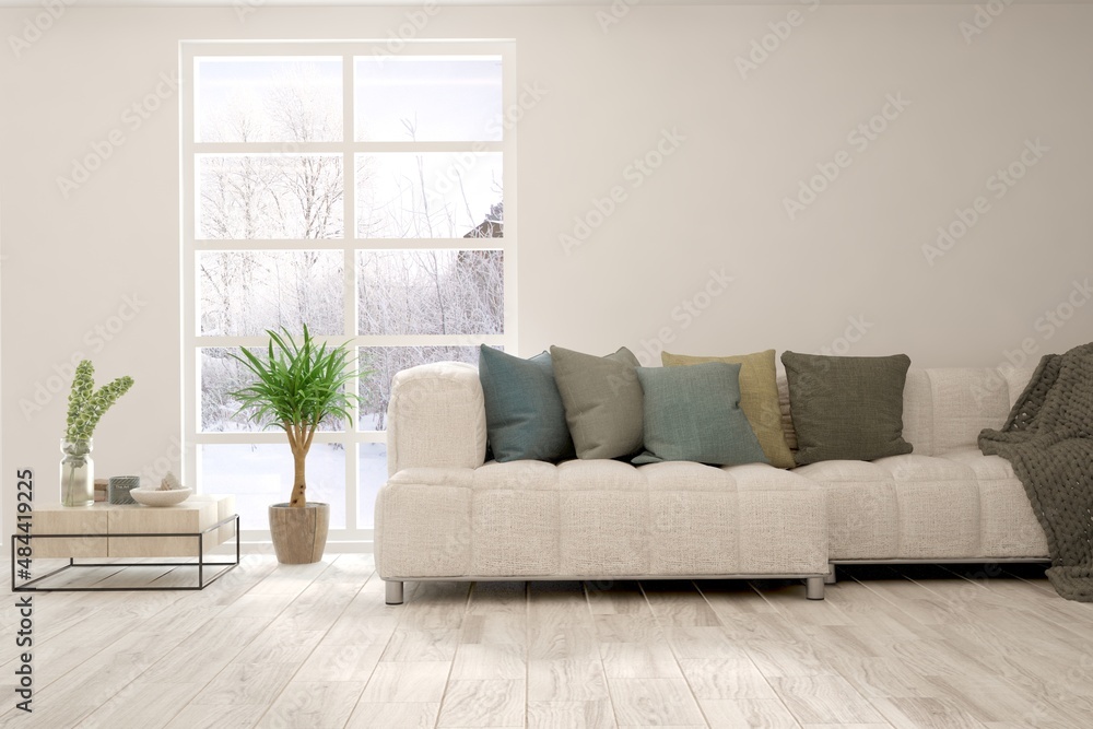 Fototapeta premium White living room with sofa and winter landscape in window. Scandinavian interior design. 3D illustration