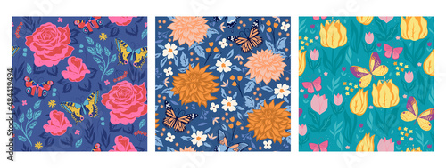 Set of seamless patterns with butterflies and flowers. Vector graphics.