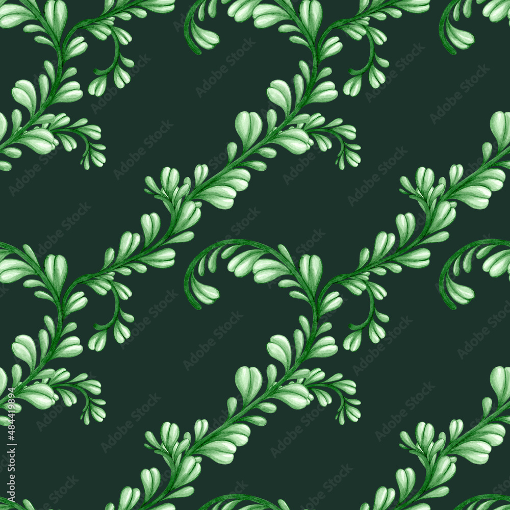 Watercolor seamless pattern of branches with leaves. Herbal plant. Vintage ornament. Hand drawn illustration on a dark green background.