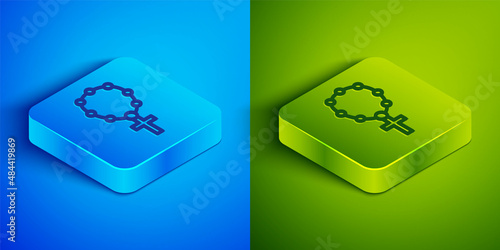 Isometric line Rosary beads religion icon isolated on blue and green background. Square button. Vector