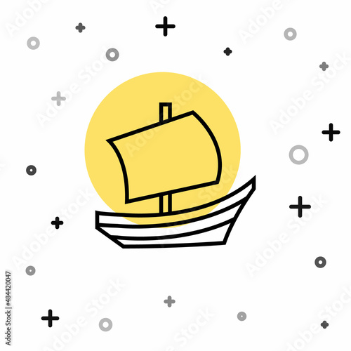 Black line Egyptian ship icon isolated on white background. Egyptian papyrus boat. Random dynamic shapes. Vector