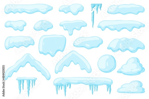 Vector set of snow caps, heaps, icicles, snowball, and snowdrifts. Seasonal elements, winter decorations, snow texture, roofs in the snow. Vector illustration isolated on white background