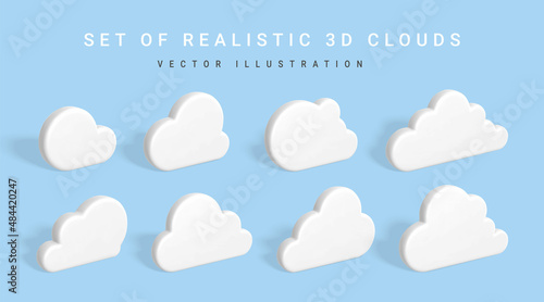 Set of 3d Clouds. White clouds with shadow isolated on blue background. Vector illustration
