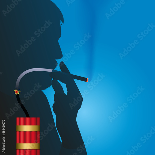 Concept du risque de mort par cancer de la cigarette et le tabagisme, avec la silhouette d’un fumeur relié à de la dynamite.