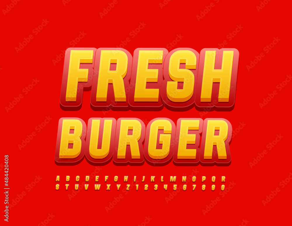 Vector bright badge Fresh Burger. Modern style Font. Red and Yellow Alphabet Letters and Numbers set Vector bright badge Fresh Burger. Modern style Font. Red and Yellow Alphabet Letters and Numbers set