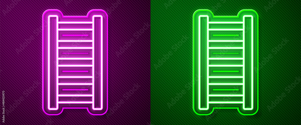Glowing neon line Fire escape icon isolated on purple and green background. Pompier ladder. Fireman scaling ladder with a pole. Vector Glowing neon line Fire escape icon isolated on purple and green background. Pompier ladder. Fireman scaling ladder with a pole. Vector
