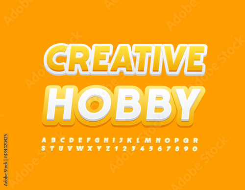 Vector stylish Sign Creative Hobby. White and Yellow Font. Artistic Alphabet Letters and Numbers