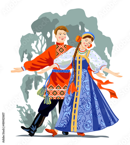 Russian folk art vector. Image of a girl and a young man in traditional Russian clothes: a sundress, a Russian shirt.