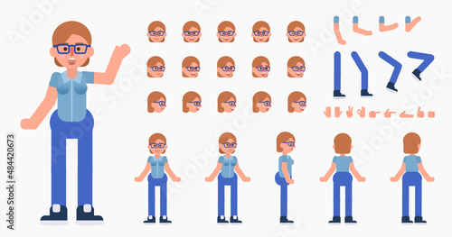 Cheerful geek woman creation kit. Create your own action, pose, animation. Modern vector illustration