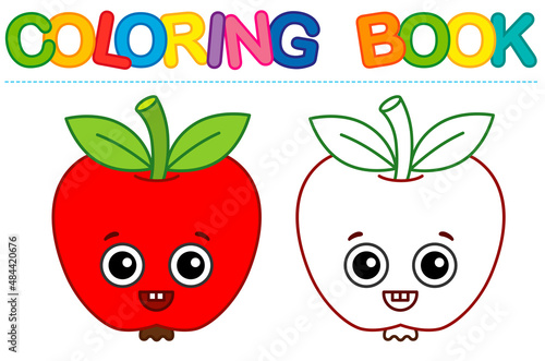 Coloring page funny smiling red Apple. Vector coloring book for childrens activity