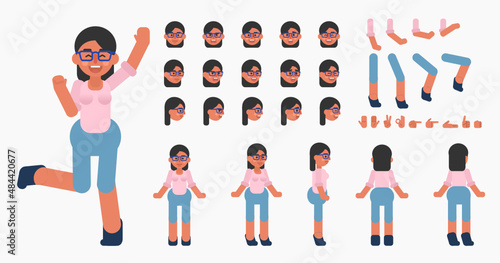 Cheerful woman in blue shorts creation kit. Create your own action, pose, animation. Modern vector illustration