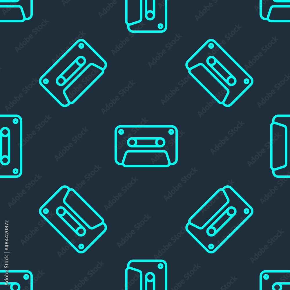 Obraz premium Green line Retro audio cassette tape icon isolated seamless pattern on blue background. Vector