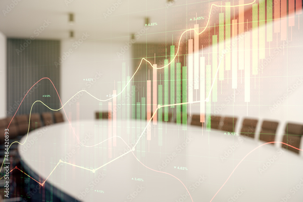 Abstract virtual financial graph hologram on a modern conference room background, forex and investment concept. Multiexposure Abstract virtual financial graph hologram on a modern conference room background, forex and investment concept. Multiexposure