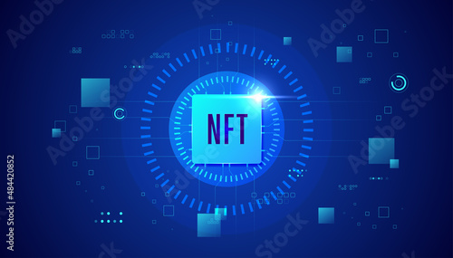 NFT non fungible token on dark blue banner. Pay for unique collectibles in games or art. Simple futuristic modern geometric connection line background.