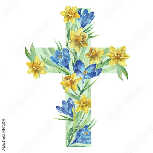 Vector watercolor flower cross perfect for Easter, First Communion, Baptism and Baptism Invitations. Abstract religion symbol.