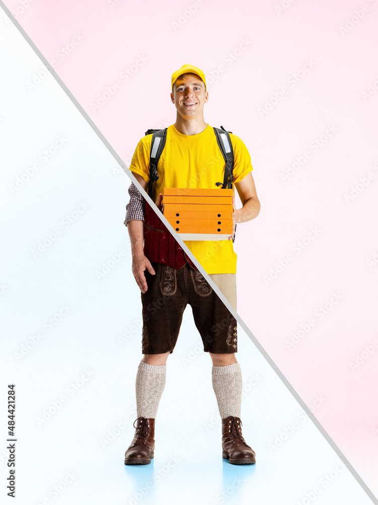 Composite image of two halves of body of delivery man and waiter isolated on white studio background. Concept of occupation, diversity, caree, labor and hobby Composite image of two halves of body of delivery man and waiter isolated on white studio background. Concept of occupation, diversity, caree, labor and hobby