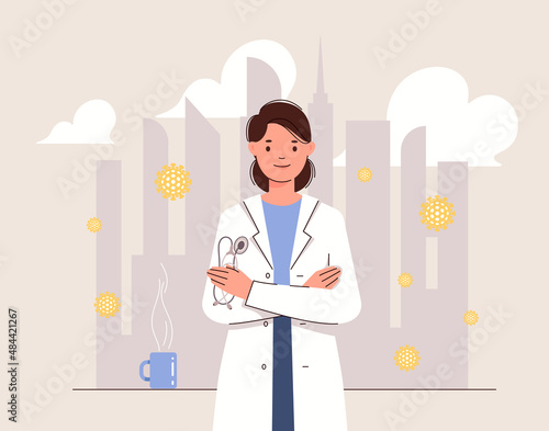 Coronavirus flu in city and doctor with stethoscope is ready to help. Concept of healthcare, medical care during pandemic. Flat cartoon vector illustration.
